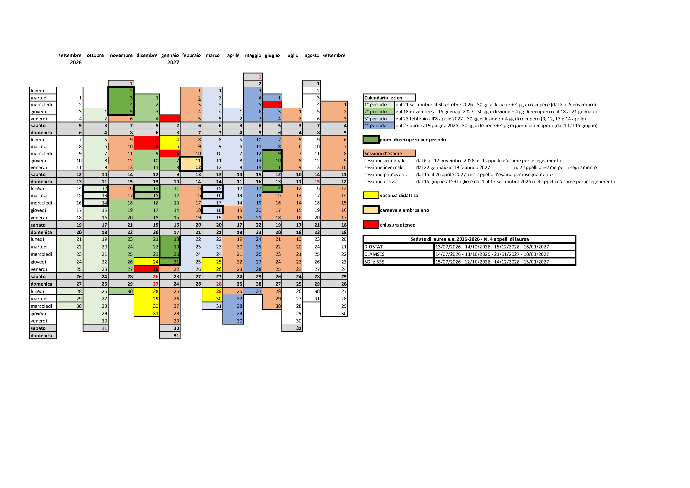 Calendario didattico Statistica a.a. 2026-2027
